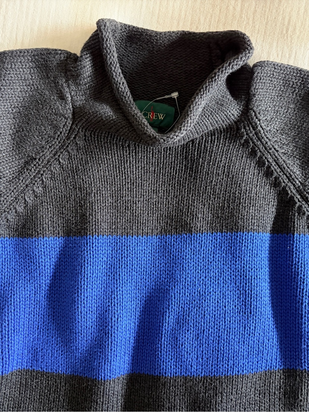 J Crew Large Charcoal and Blue Striped Rollneck Sweater
